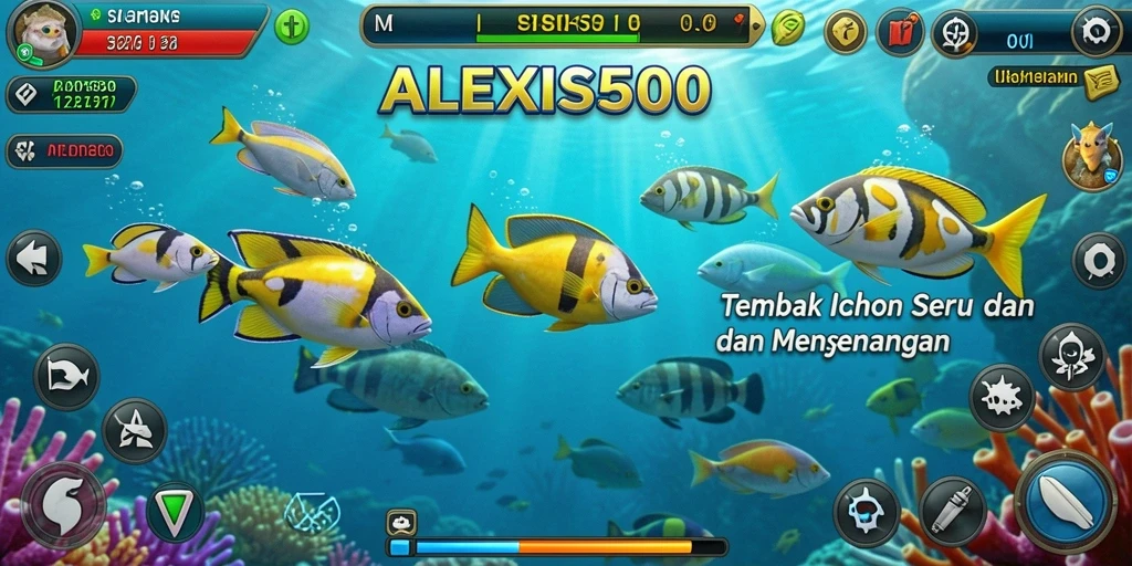 Screenshot gameplay ALEXIS500 menampilkan aksi seru menembak ikan.