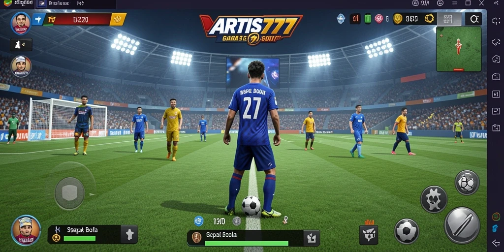 Tangkapan layar dari gameplay ARTIS777 yang menampilkan aksi sepak bola yang mendebarkan.