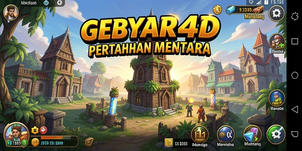 Tangkapan layar utama GEBYAR4D menunjukkan aksi menara melawan gelombang musuh.