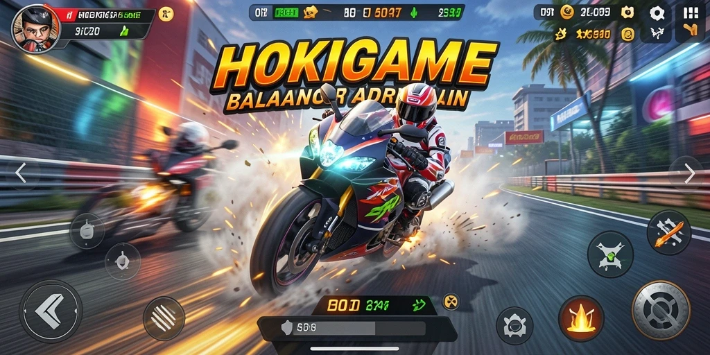 Tampilan gameplay seru di HOKIGAME dengan balapan motor berkecepatan tinggi.
