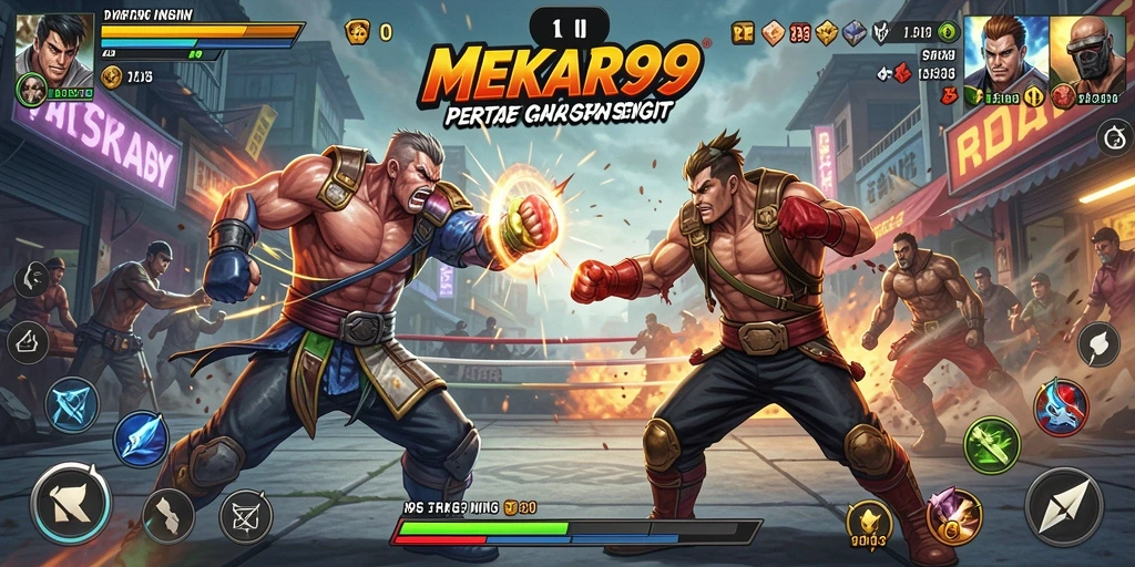 Tangkapan layar utama MEKAR99 menampilkan aksi pertarungan seru di arena.