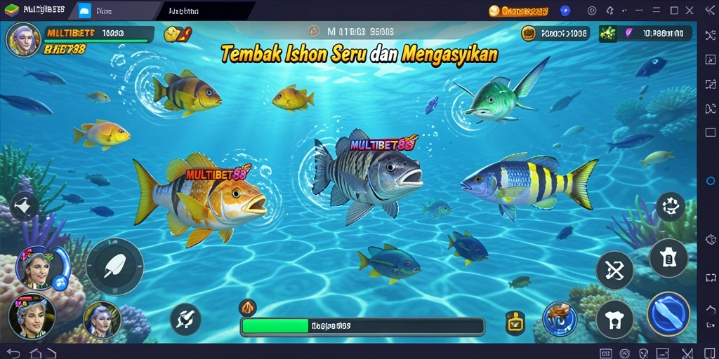 Tampilan gameplay MULTIBET88 dengan ikan berwarna-warni dan senjata menembak.