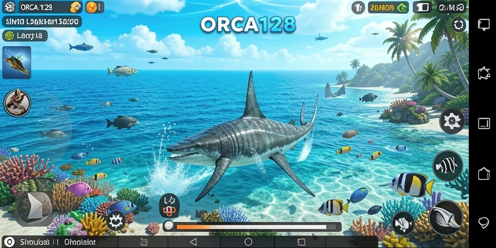 Gameplay ORCA128 yang menampilkan kehidupan di bawah laut yang indah.